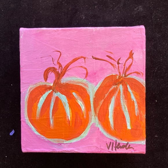 Pumpkins On Pink Original Acrylic Painting  6”x 6”1.5” Handmade - Picture 1 of 11